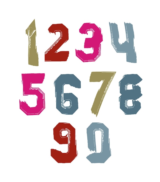 Bright hand painted daub numerals, collection of acrylic realistic digits with brushstrokes.