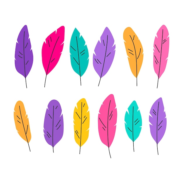 Vector bright handdrawn feathers set of decorative elements for carnival mardi gras brazilian festival flat vector illustration isolated on a white background