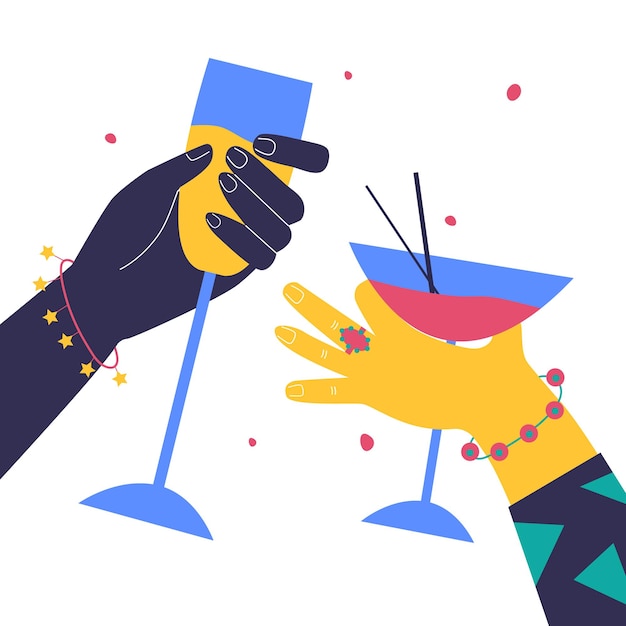 Vector bright hands are holding glasses of drinks glass of beer cocktail