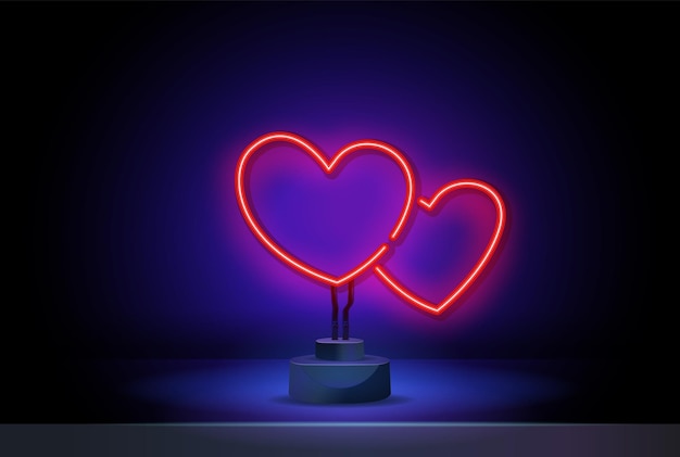 Cuore luminoso. insegna al neon. segno di cuore al neon retrò su sfondo viola. elemento di design per buon san valentino. pronto per il tuo design, biglietto di auguri, banner. illustrazione vettoriale.