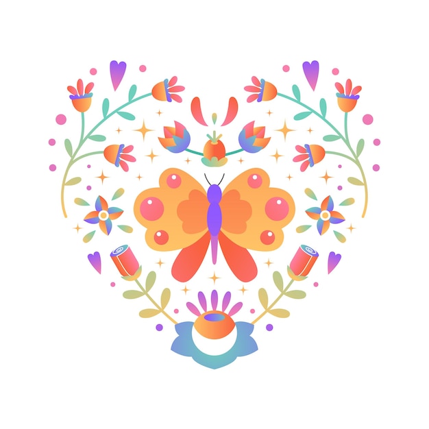 Bright heart shape with flowers, butterfly and leaves. gradient floral ornament, folk motif. beautiful design element for valentines, mothers day, international womens day holidays greeting.