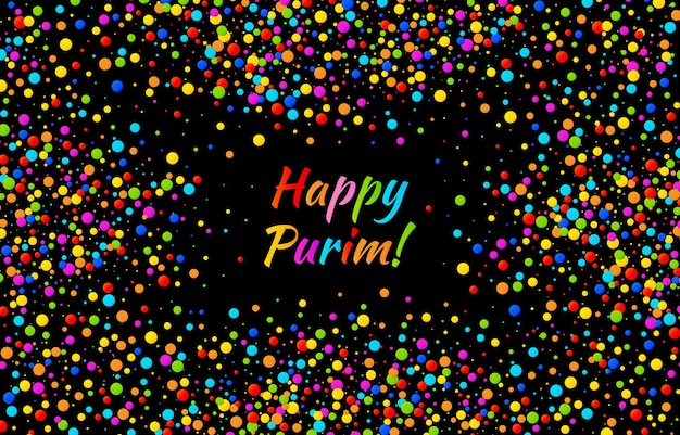 Bright horizontal happy purim carnival text with colorful shiny w colors paper confetti  background