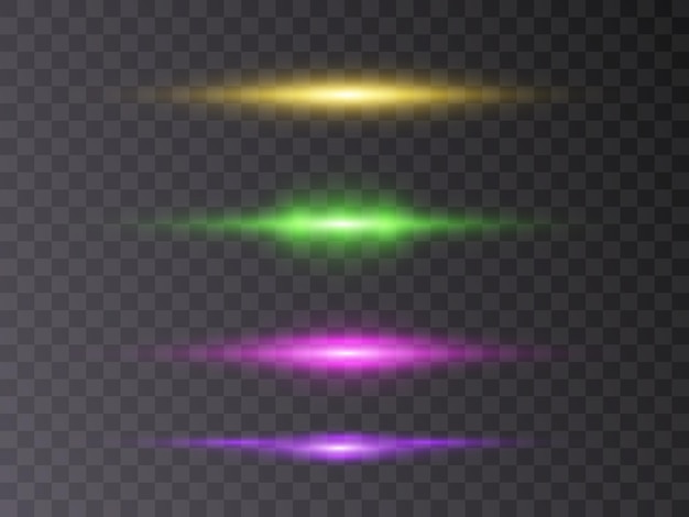 Яркие горизонтальные блики лазерные лучи света светящиеся полосы на прозрачном фоне