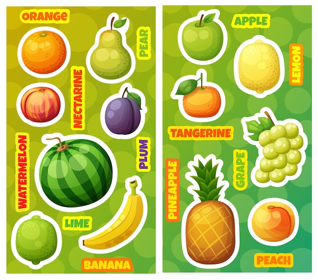 Bright icons with colorful cartoon fruit stickers isolated on white background for children's design