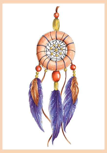 Яркая иллюстрация с ловцом снов и фиолетовыми перьями