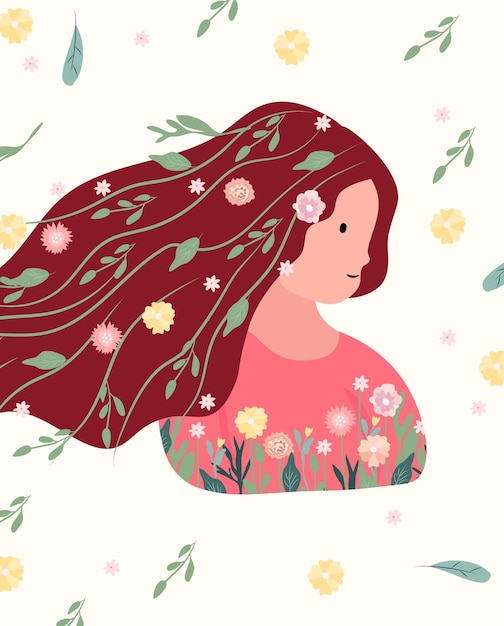 Bright illustration with a woman with long hair and flowers around Spring happy woman