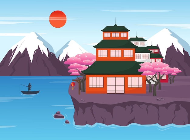 Bright Japanese landscape in flat style