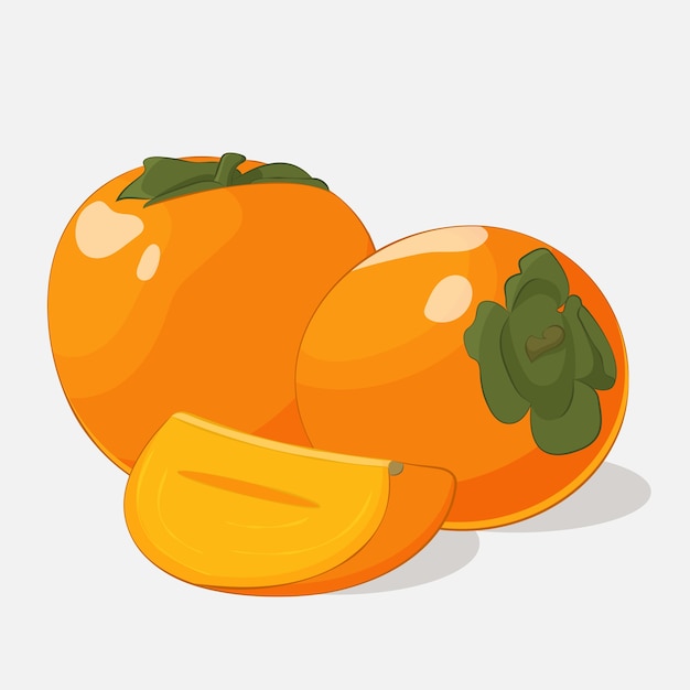 Bright juicy persimmon on grey background in cartoon style