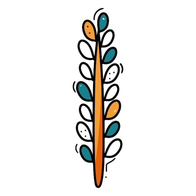 Bright leaves on a branch doodle icon Hand drawn sketch of a field plant Green and orange Vector clipart isolated on white