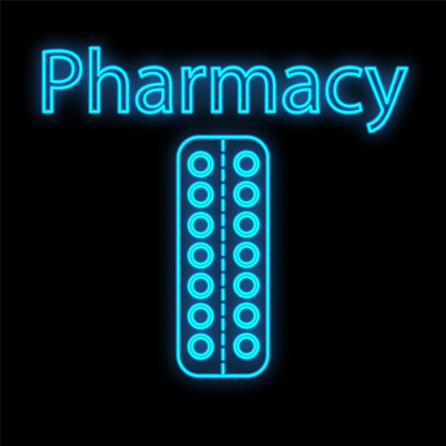 Bright luminous blue medical digital neon sign for a pharmacy or hospital store beautiful shiny