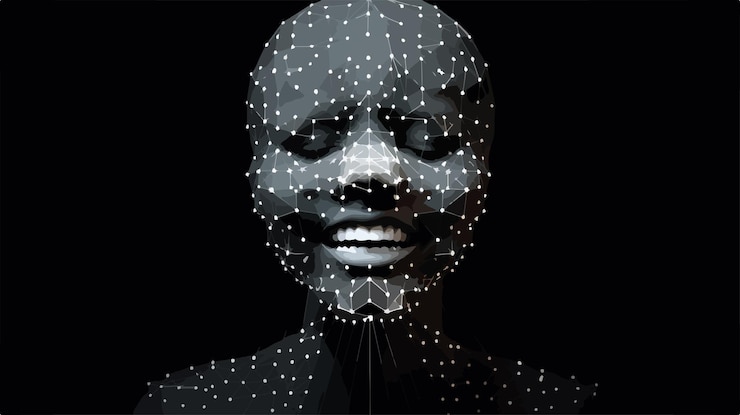 Vector bright mesh person smiling with growing trend and glow effect