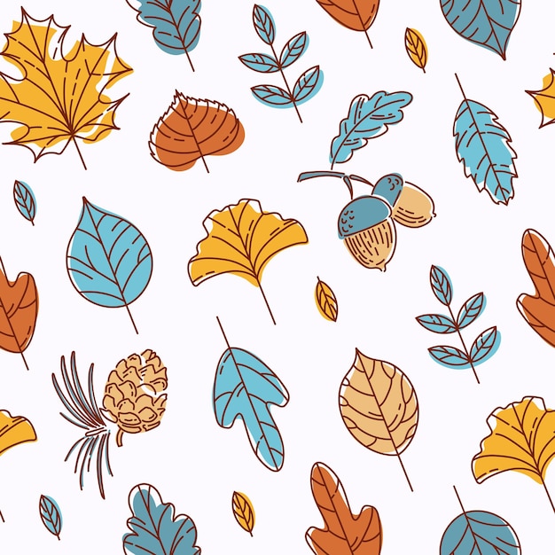 밝고 현대적인 가을 패턴 다채로운 잎 단풍나무 은행나무 린든 라일락 산 애쉬 도토리 및 삼나무 콘 낙서 스타일 직물 포장 배경에 벽지 인쇄용