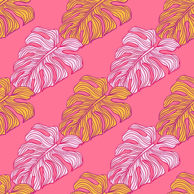 Bright monstera leaves silhouette seamless pattern on pink background