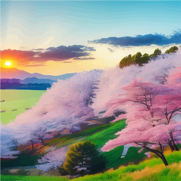 벡터 하늘의 가지가 꽃을 피우는 <unk>나무와 함께 밝은 아침 풍경