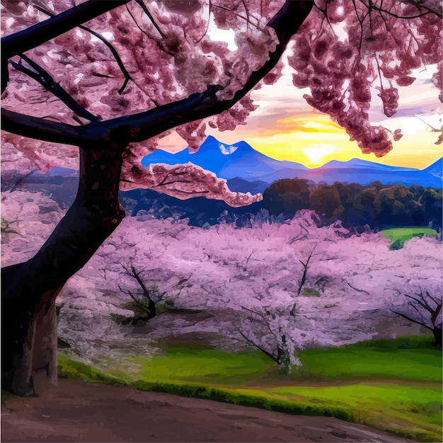 背景の山に桜がく空の枝を持つ明るい朝の風景