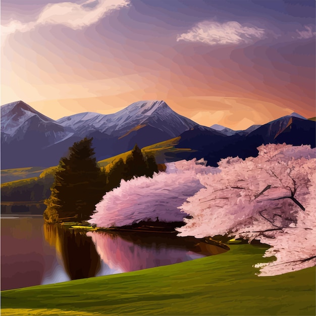 Vector bright morning landscape with sky branches flowering cherry trees against backdrop mountain