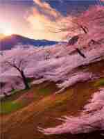 ベクトル 背景の山に桜がく空の枝を持つ明るい朝の風景