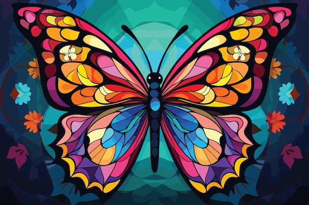 Bright motley butterfly vector illustration in stained glass style