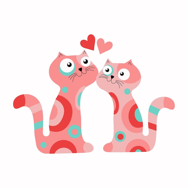 Vector bright multicolored cartoon cats with hearts cats in love vector illustration with isolated background