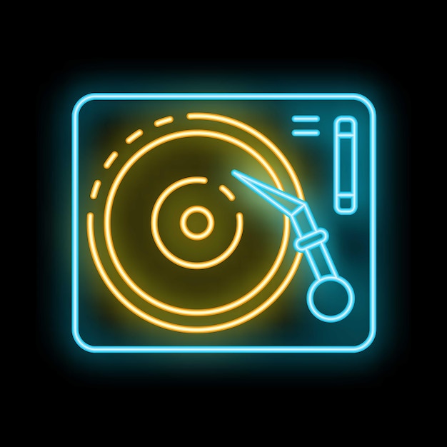 Bright neon vinyl record player icon glowing on a black background