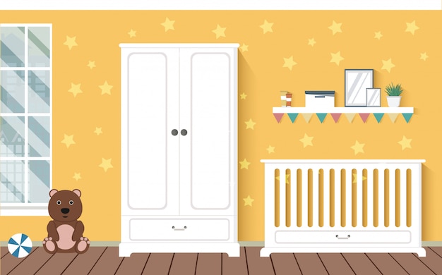 Vector bright orange baby room with furniture