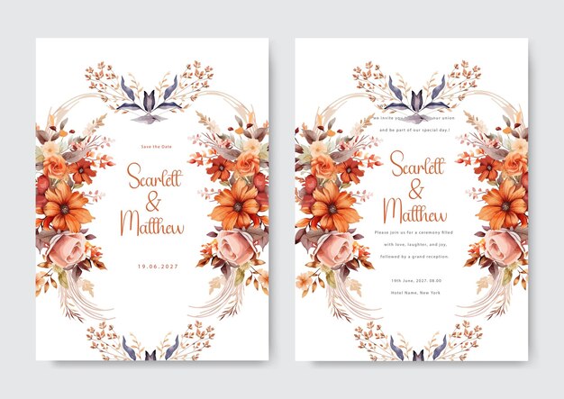 Bright orange flower floral vector romantic hand drawn floral wedding invitation template watercolor