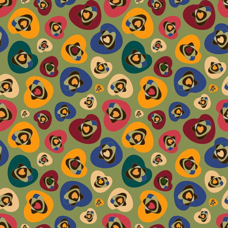 Vector bright pattern of abstract shapes. red, yellow, blue hearts on a green background. seamless vector i