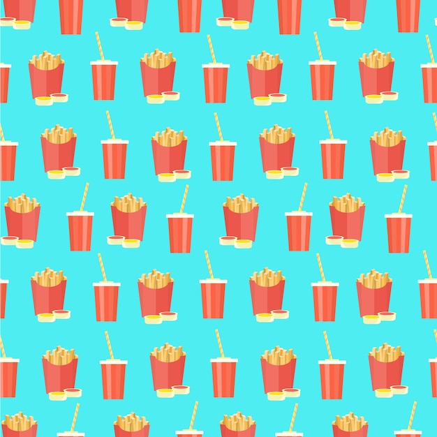 Bright pattern with cola and french fries on blue