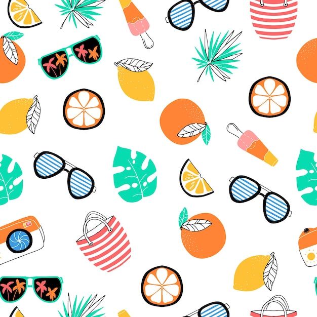 Vector bright patterns about summer holidays and recreation beach vacation accessories vector illustration isolated on white background