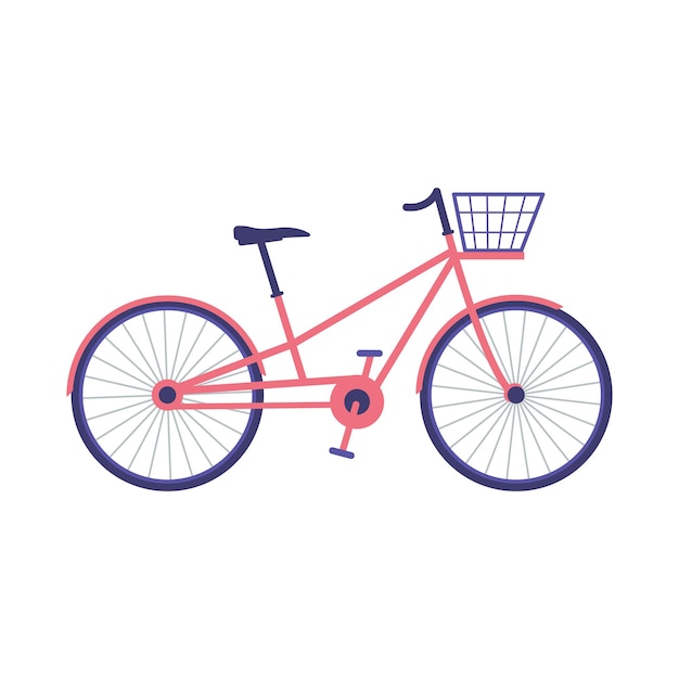 Вектор Ярко-розово-фиолетовый велосипед с корзиной для покупок. летний элемент спорта.