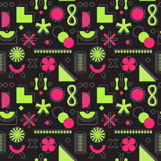 明るいピンクと緑のネオン酸のシームレスなパターン抽象的な幾何学的図形大胆な線形オブジェクト残忍なレトロ未来派スタイル web デザイン ポスター カバー黒のベクトル図