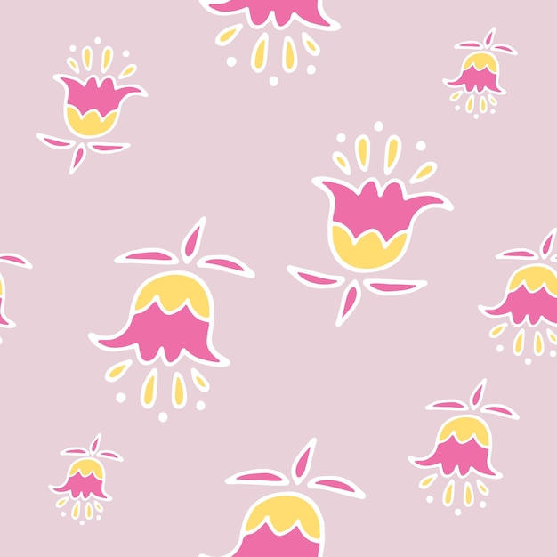 Bright pink minimalistic vector pattern with cute cartoon flowers for kids, textile, wrappers