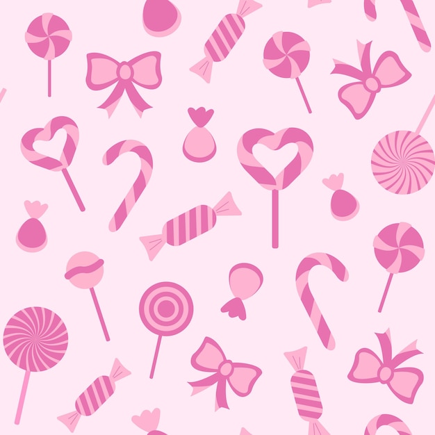 Vector bright pink seamless pattern with sweets candies lollipops ribbons vector illustration for  party