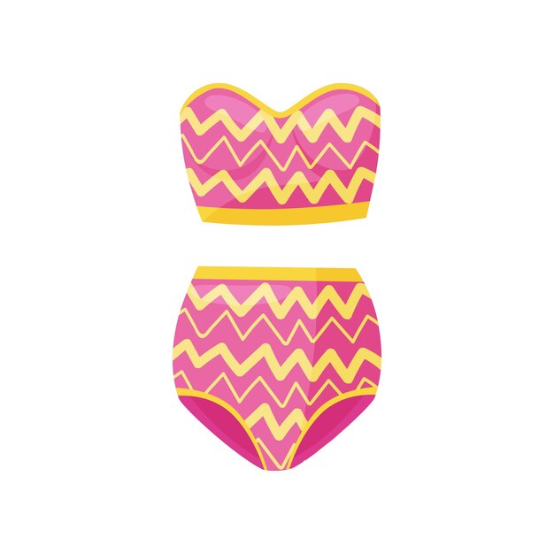 Vector bright pink twopiece swimsuit with zigzag pattern fashionable women clothing for beach season female bathing suit fashion theme colorful vector icon in flat style isolated on white background
