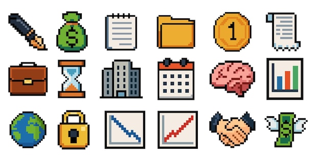 Bright pixel art business en finance iconen collectie perfect voor mobiele apps games websites en