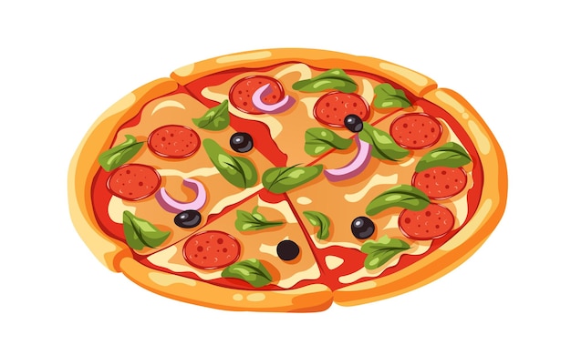 Bright pizza with sausage in cartoon style Vector illustration for design and decoration