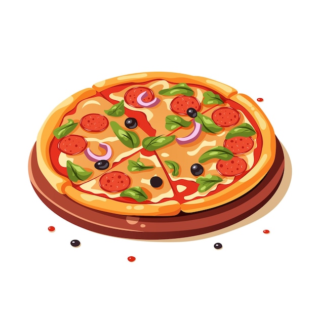 Bright pizza with sausage in cartoon style Vector illustration for design and decoration