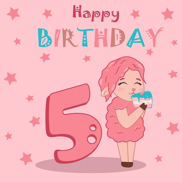 5番の女の子とケーキを食べるかわいいピンクの羊の明るいはがきお誕生日おめでとう