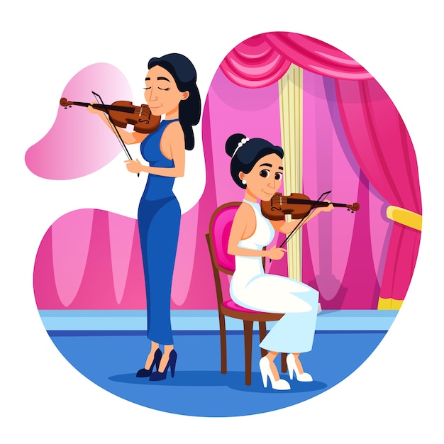 Bright poster violin duet performance cartoon.