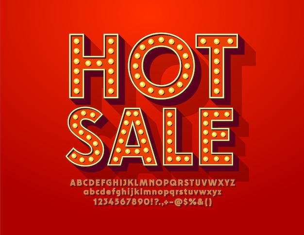 Яркая акция hot sale. старинный шрифт лампы. ретро красный алфавит, буквы и цифры с лампочками