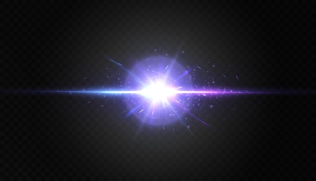 Bright purple star explosion light effect with rays and flares for vector illustration