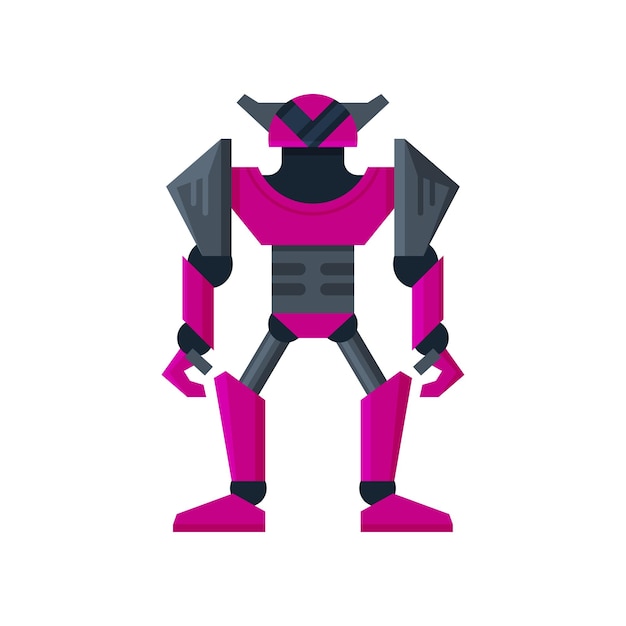 Vector bright purple steel robot transformer artificial intelligence strong metal android flat vector for