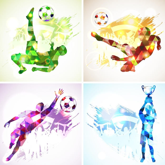 Bright rainbow silhouette soccer football players, goalkeeper, champion with cup, fans on grunge background. modern poligonal pattern. vector illustration