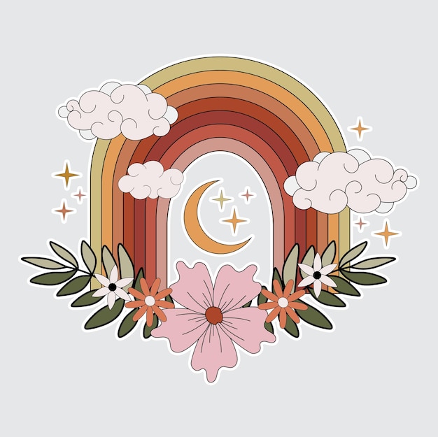 Arcobaleno luminoso con fiori. retro anni '70, '60. cartolina, adesivo, clipart con arcobaleno. appartamento