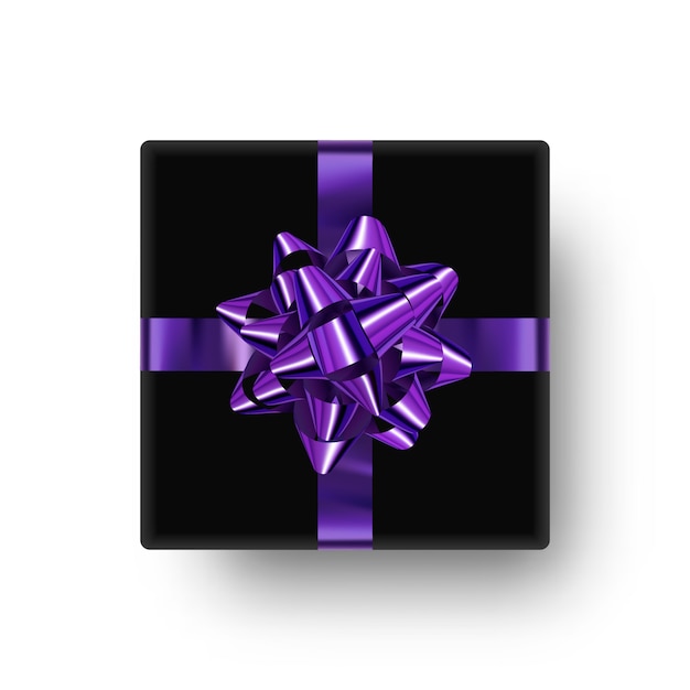 Bright realistic clipart element, gift box with purple bow and with falling shadow.