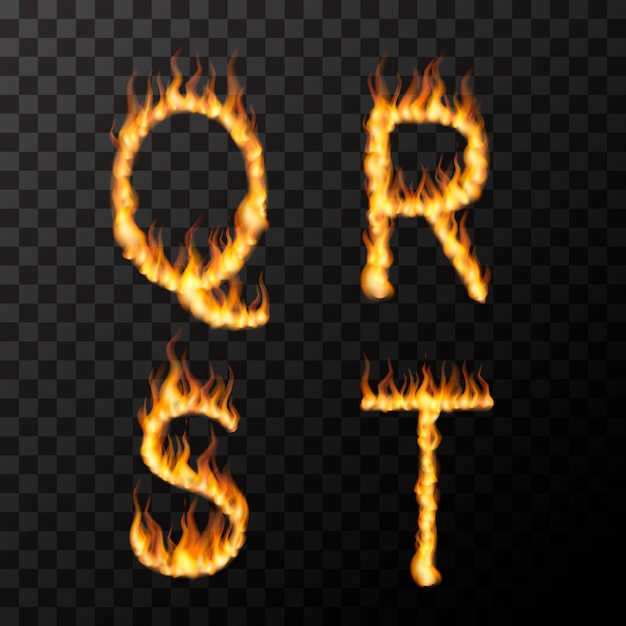 Vector bright realistic fire flames in q r s t letters shape, hot font concept on transparent