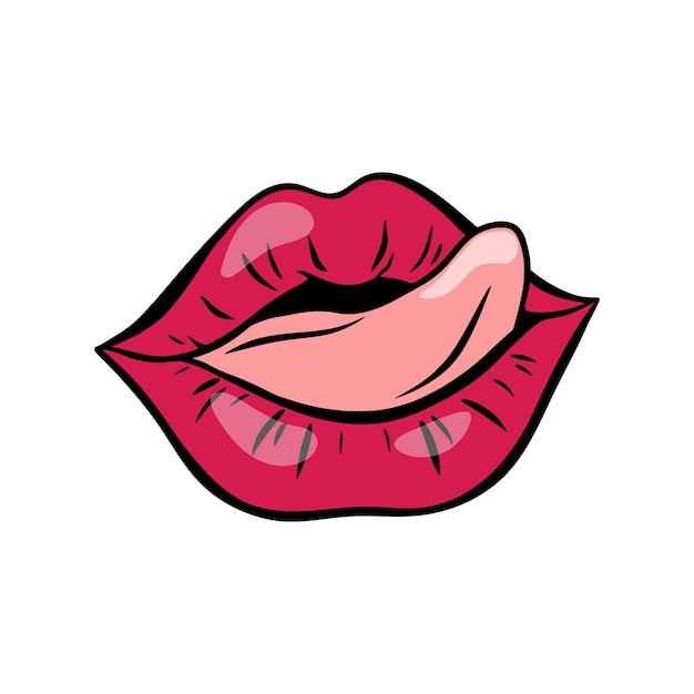 Bright red female lips in retro pop art style Mouth with tongue sticking out Vector illustration