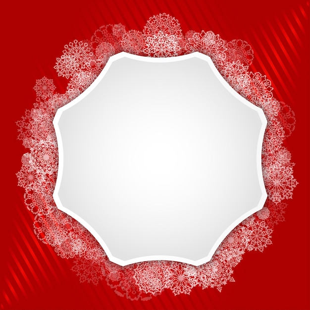 Bright red gradient background with snowflakes for greeting cards for Christmas and New Year. Frame of white carved beautiful snowflakes. Template for text. Border with copyspace