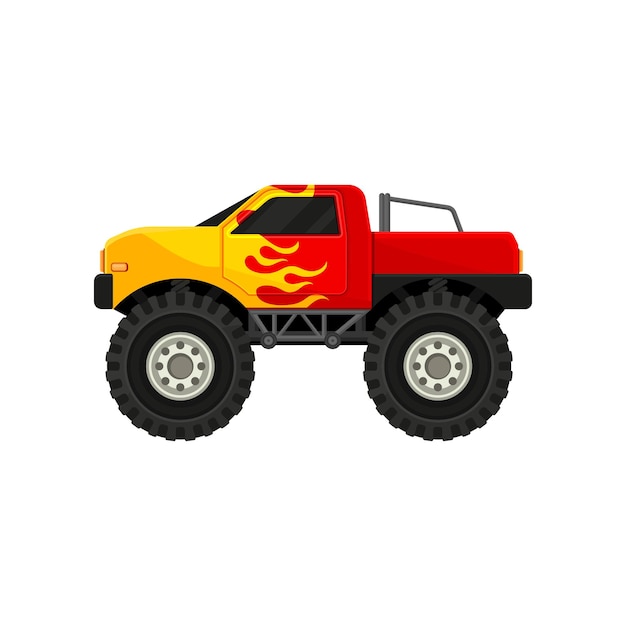 Bright red monster truck with yellow flame decal Heave car with large tires and black tinted windows Flat vector icon