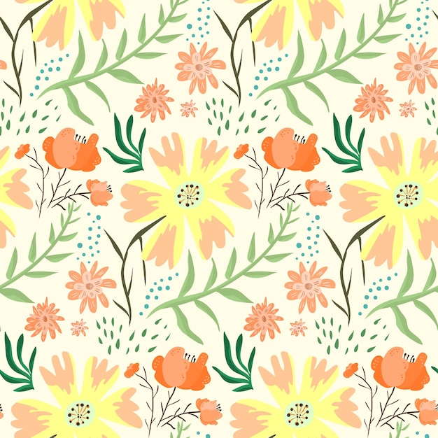 Vector bright red and orange floral summer seamless pattern. tender light hand drawn texture with cute flowers, leaves, waterdrops for textile, wrapping paper, print design, wallpaper, surface